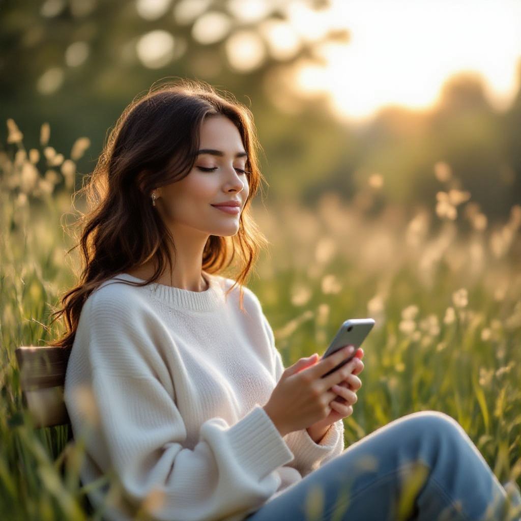 아침 햇살을 받으며 야외 자연 속에서 베이지색 스웨터를 입은 여성이 눈을 감고 평온한 표정으로 스마트폰을 들고 앉아 있는 명상적이고 여유로운 순간을 담은 사진