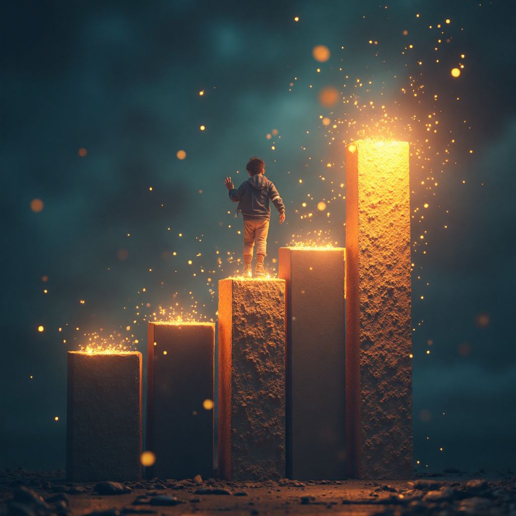 어두운 하늘을 배경으로 점점 높아지는 황금빛 계단 위를 한 아이가 올라가고 있으며, 주변에 반짝이는 입자들이 흩날리고 최상단에서 밝은 빛이 뿜어져 나오는 목표 달성과 성장을 상징하는 초현실적 판타지 이미지