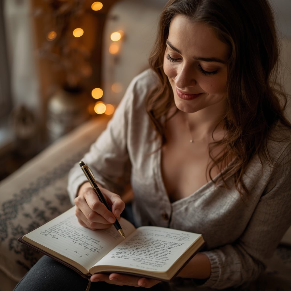 베이지색 니트를 입은 여성이 따뜻한 조명 아래에서 미소를 지으며 노트에 펜으로 글을 쓰고 있는 아늑한 분위기의 저널링 또는 일기 작성 장면