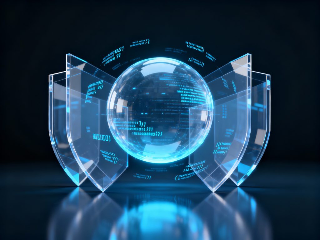 데이터 보호와 투명성을 상징하는 푸른빛 디지털 보안 구체 이미지