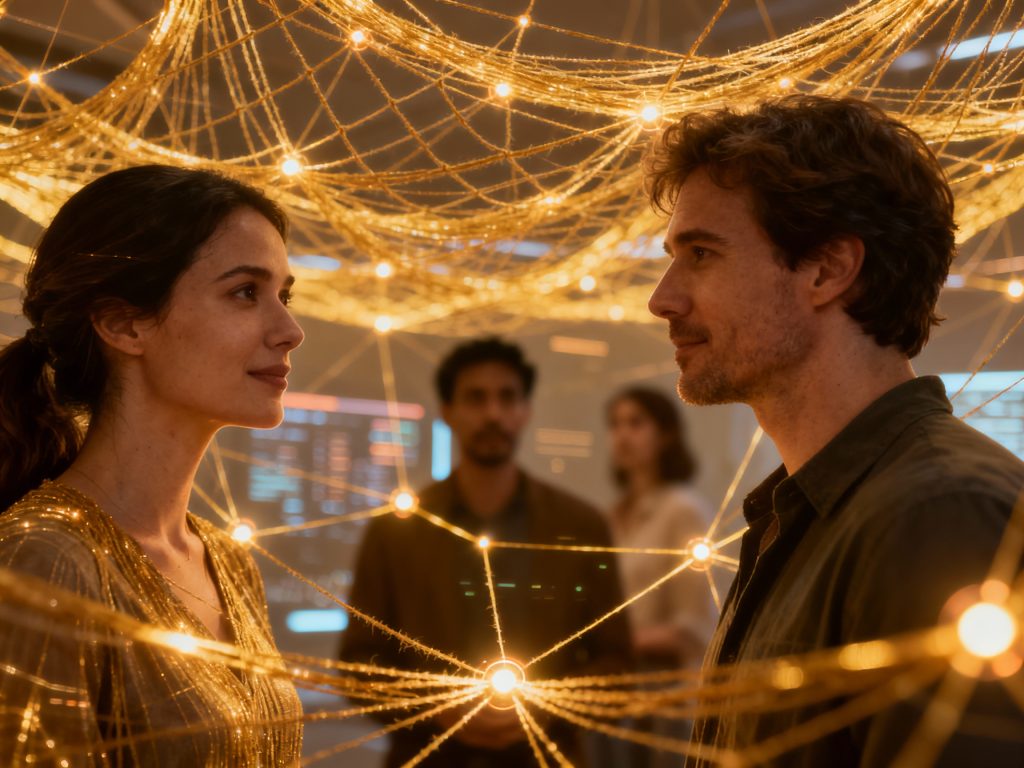 빛으로 연결된 네트워크 공간 속에서 두 사람이 감정적으로 교감하는 장면
