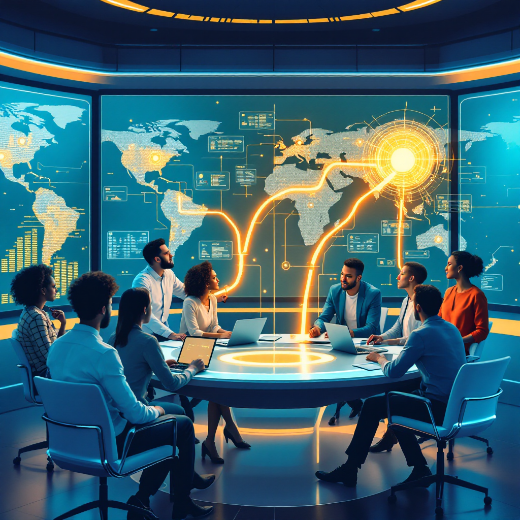 세계 지도를 보며 전략을 논의하는 글로벌 팀 미팅