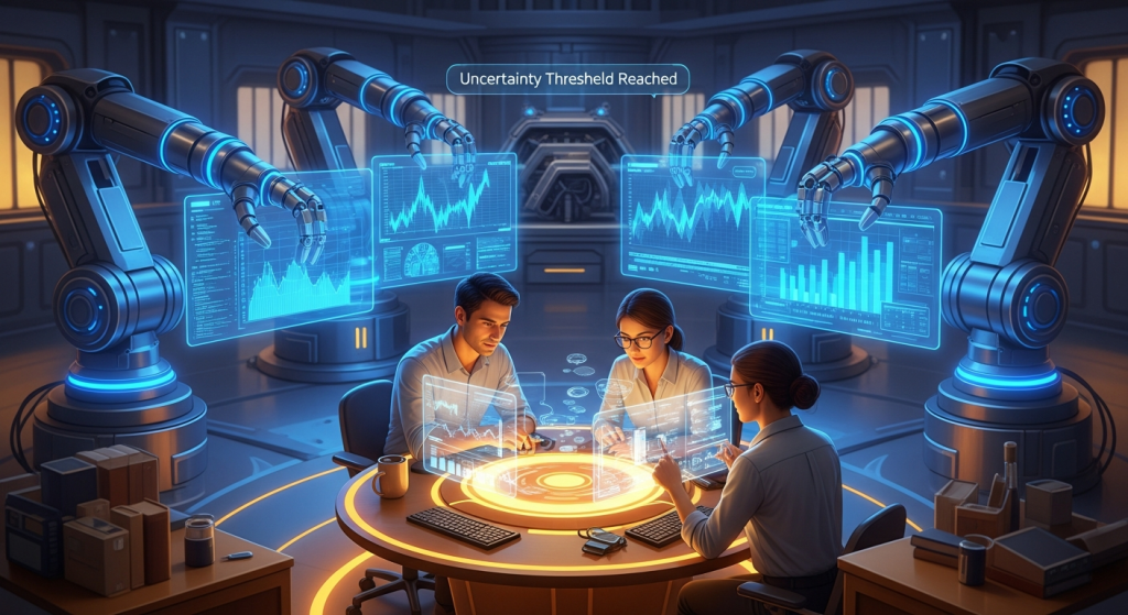 로봇 팔과 홀로그램 패널로 작업하는 스마트 제조 연구팀