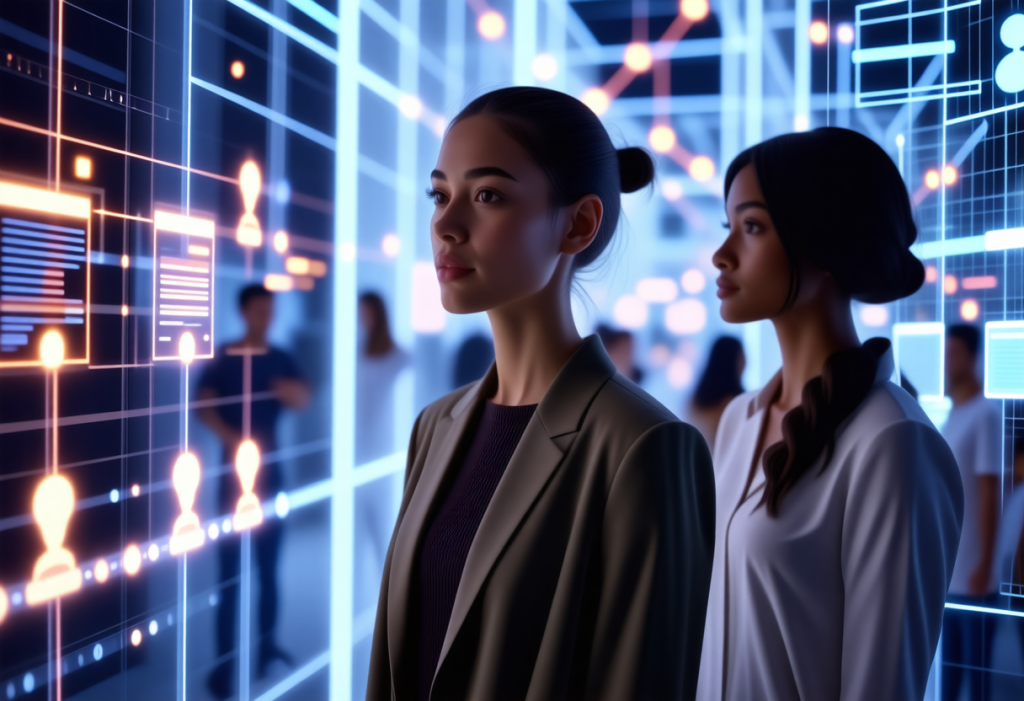 디지털 데이터 화면 앞에서 분석 중인 두 여성