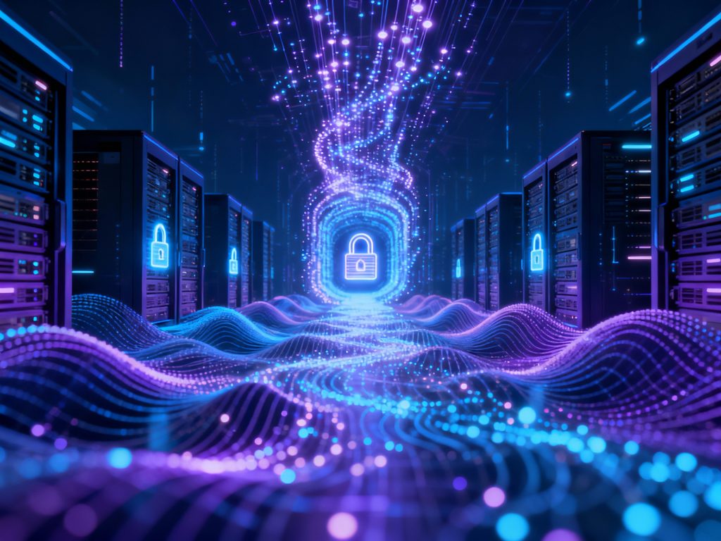 빛의 파동이 흐르는 미래형 데이터 센터에서 보안이 강화된 디지털 네트워크를 상징하는 장면
