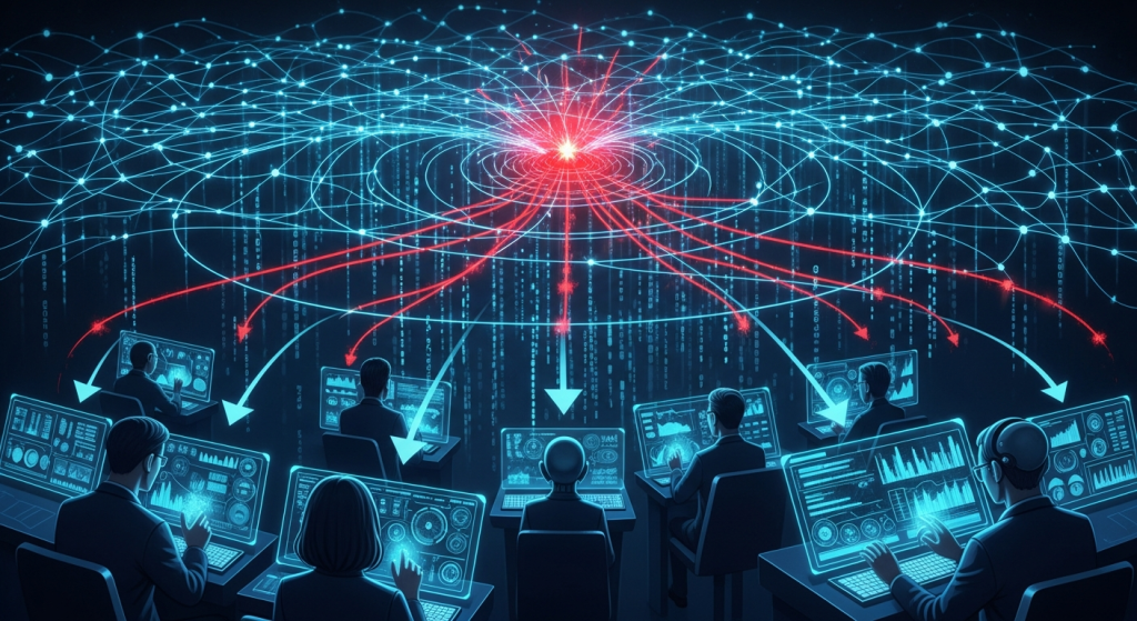 중앙 허브로 데이터가 집중되는 네트워크 관제 장면