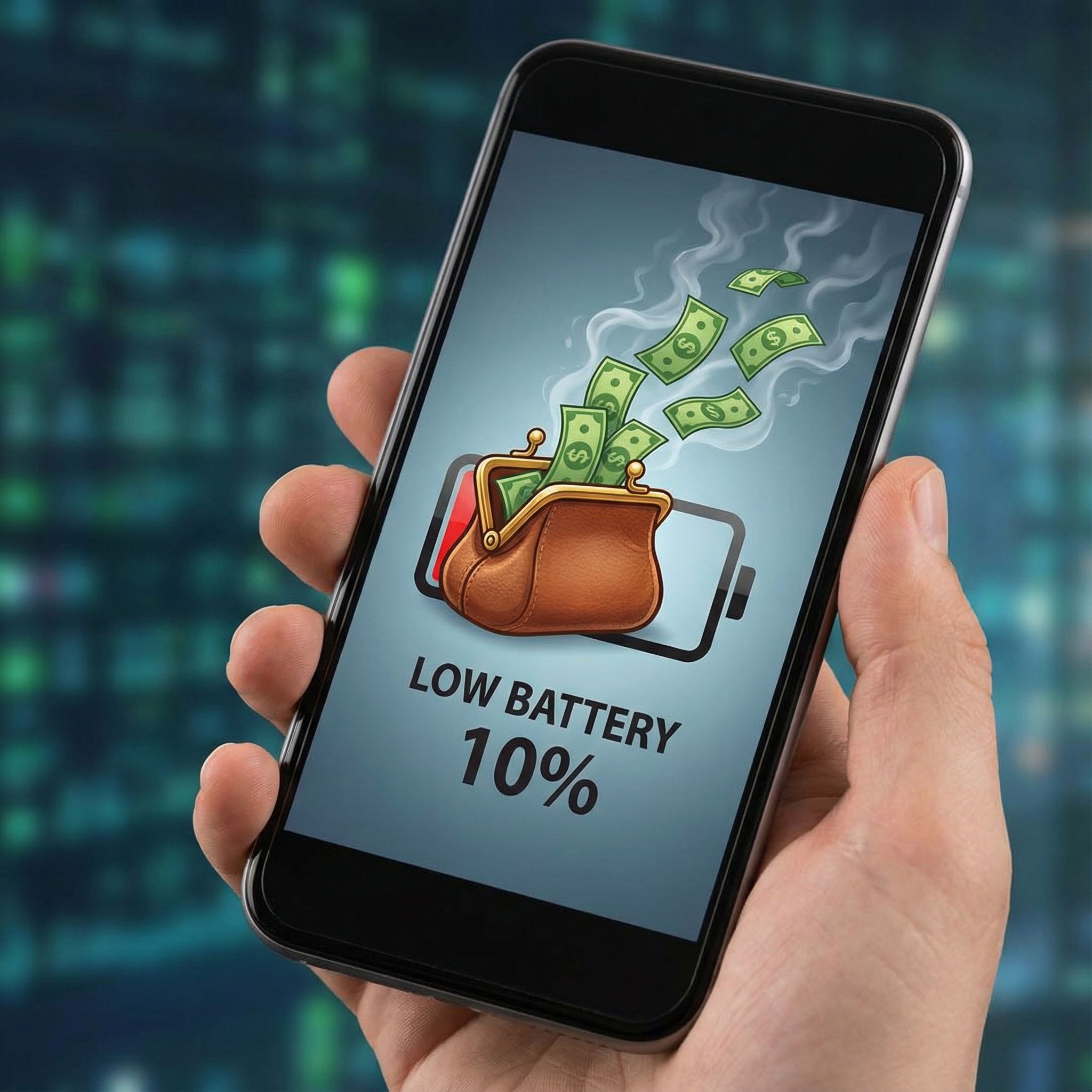 스마트폰 화면의 동전 지갑 모양 배터리 아이콘에서 달러 지폐가 쏟아져 나와 공중으로 사라지는 모습이다.