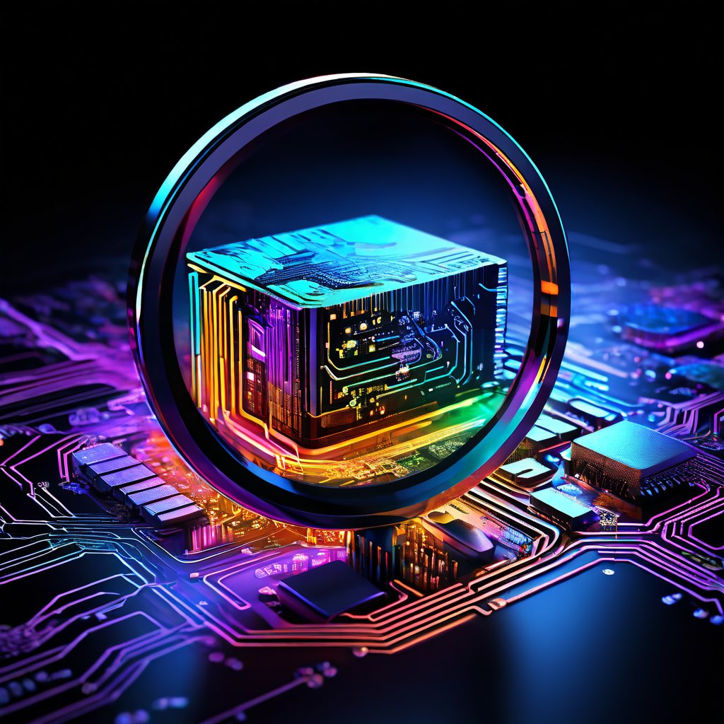 확대경 아래 컴퓨터 칩에서 브라우저 확장 프로그램의 CPU와 메모리 사용량을 나타내는 다채로운 데이터 흐름이 분석되고 있는 모습이다.