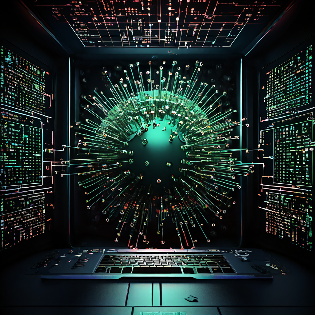 검은 배경에 푸른 빛의 폴더 안으로 침투하는 디지털 바이러스가 빛나는 실처럼 퍼져 나가는 모습이다.