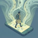 스마트폰에서 뿜어져 나오는 달러 표시와 자물쇠 아이콘이 얽힌 데이터 파도가 사람의 위치를 추적하는 모습을