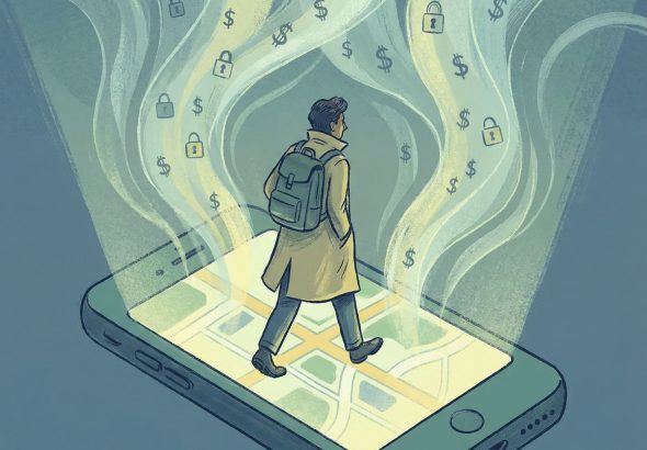 스마트폰에서 뿜어져 나오는 달러 표시와 자물쇠 아이콘이 얽힌 데이터 파도가 사람의 위치를 추적하는 모습을