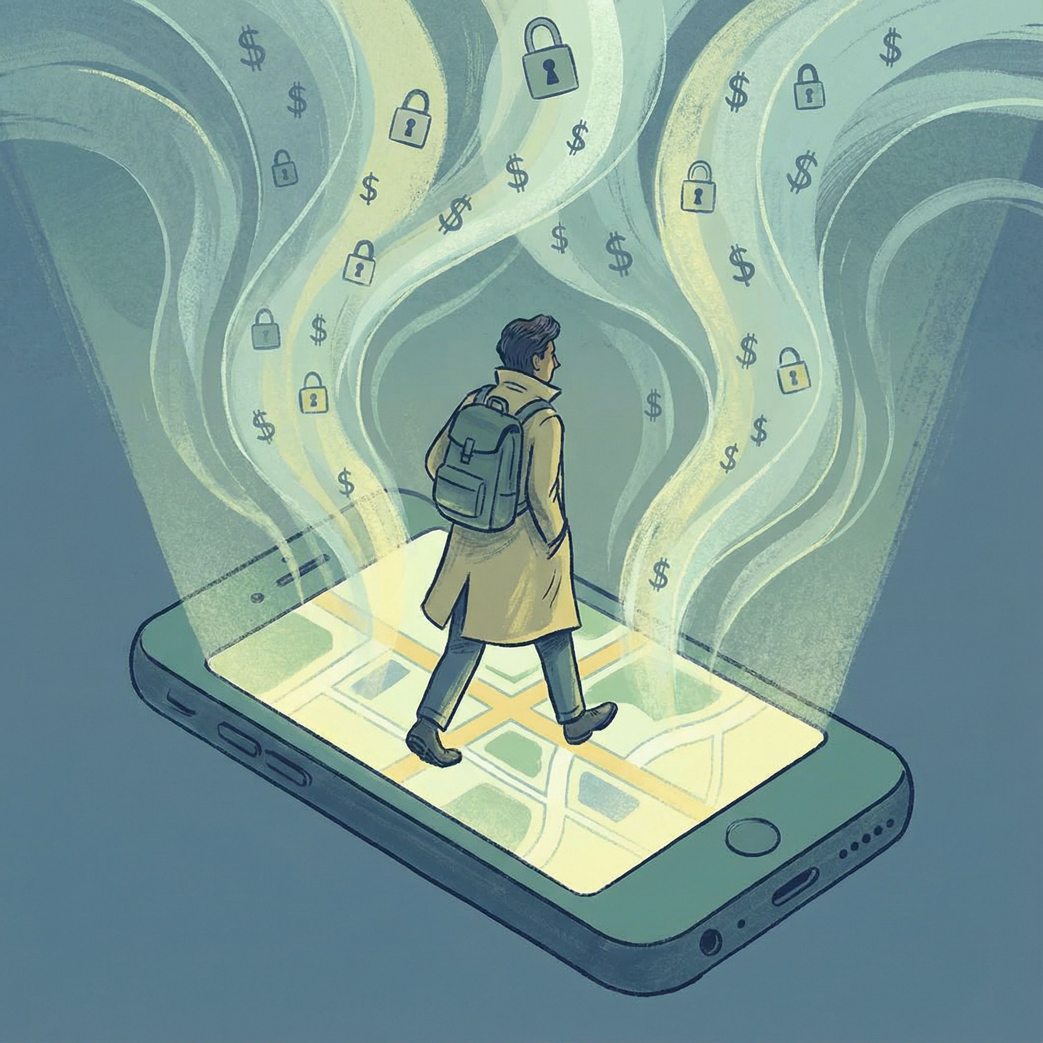 스마트폰에서 뿜어져 나오는 달러 표시와 자물쇠 아이콘이 얽힌 데이터 파도가 사람의 위치를 추적하는 모습을