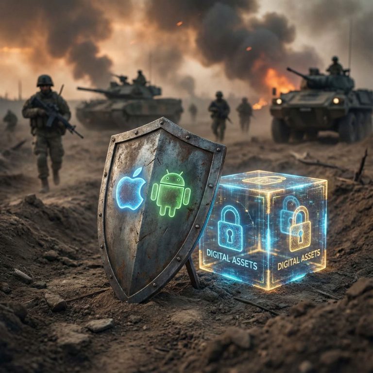iOS와 안드로이드 로고가 새겨진 방패가 전장 한가운데서 빛나는 디지털 자산 금고를 지키고 있는 모습입니다.
