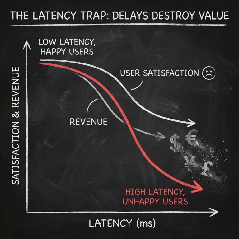 높은 지연 시간을 나타내는 그래프 선이 급격히 떨어지며 사용자 만족도와 수익이 감소하고 통화 기호가