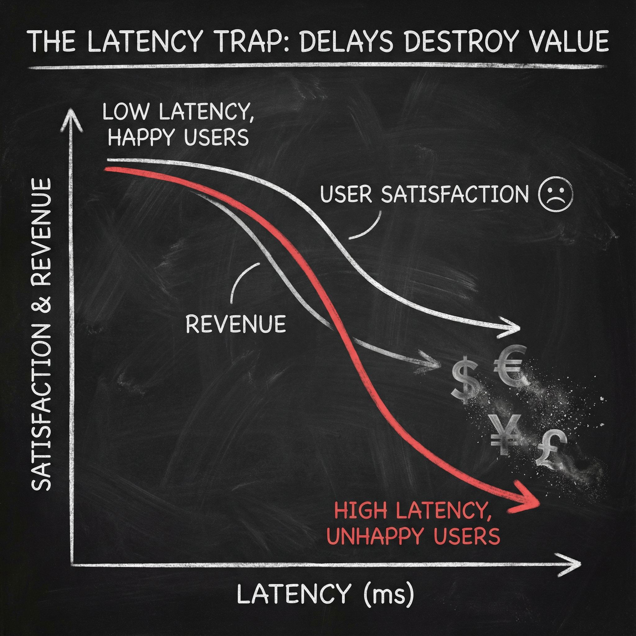 높은 지연 시간을 나타내는 그래프 선이 급격히 떨어지며 사용자 만족도와 수익이 감소하고 통화 기호가
