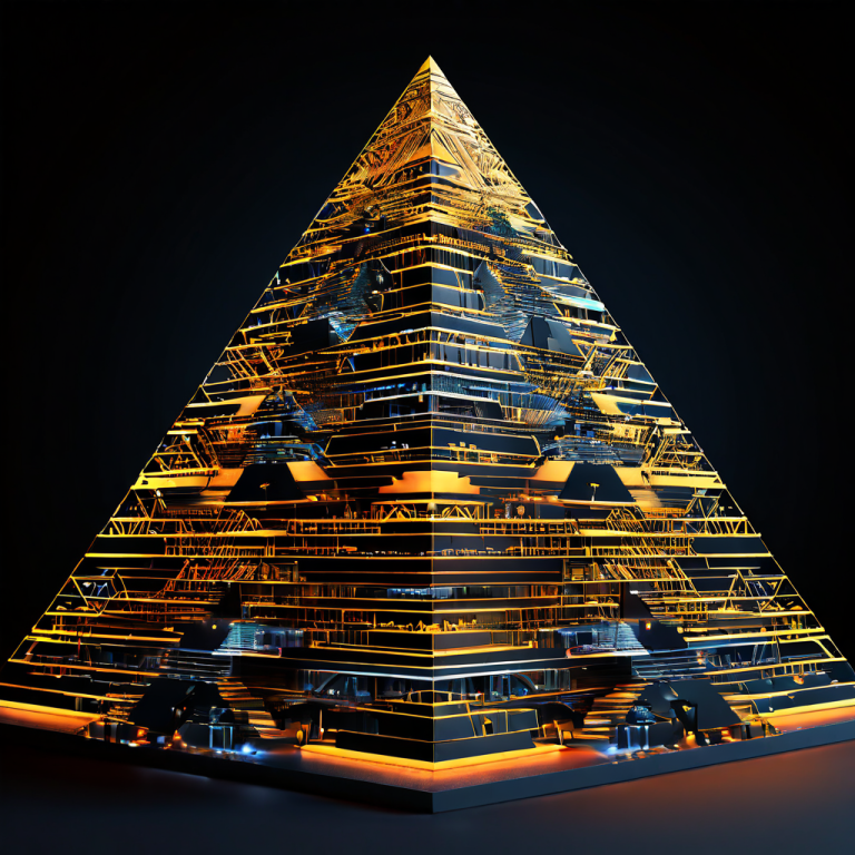 단순한 모서리부터 복잡한 물체로 변해가는 디지털 이미지가 층층이 쌓인 피라미드 형태로 표현된 모습이다.