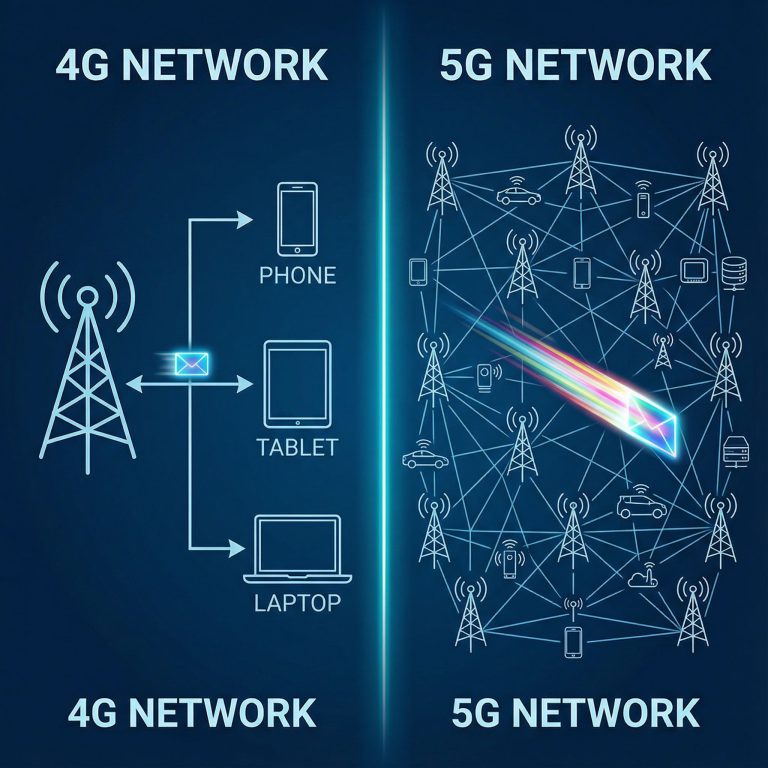 왼쪽은 단순한 4G 네트워크 도식, 오른쪽은 복잡하게 연결된 5G 망을 나란히 배치했으며 5G 쪽에서