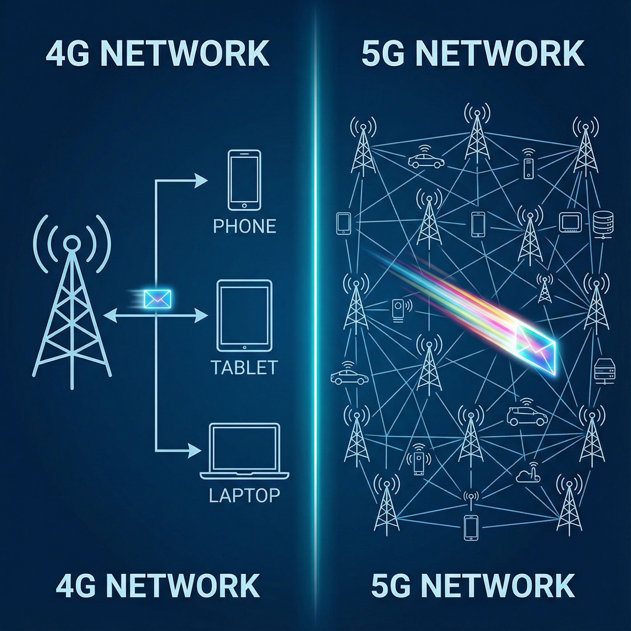 왼쪽은 단순한 4G 네트워크 도식, 오른쪽은 복잡하게 연결된 5G 망을 나란히 배치했으며 5G 쪽에서