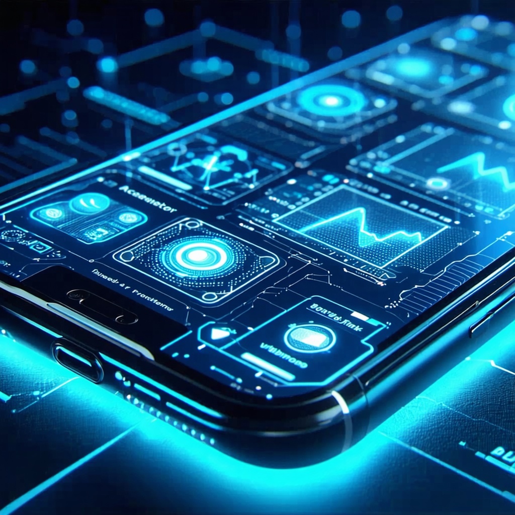 푸른빛이 강조된 스마트폰 화면에 데이터 분석 그래프와 시스템 인터페이스가 표시된 미래형 이미지