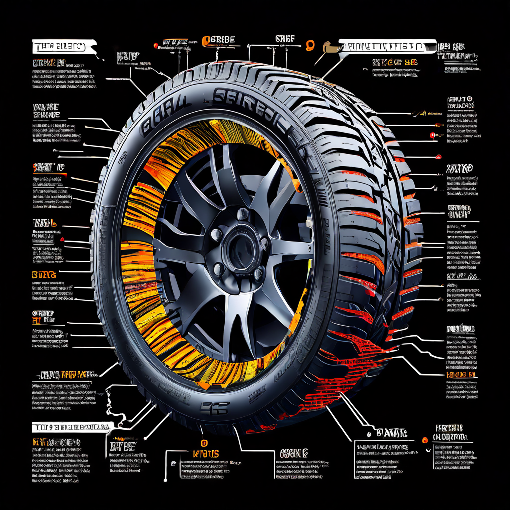타이어 트레드의 단면을 상세히 보여주는 다이어그램으로, 트랙션과 배수 성능을 높이는 리브, 러그, 싸이프 등의 다양한 패턴과 마모 저항성을 설명하는 라벨이 포함되어 있습니다.