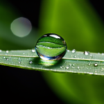 잎사귀 위에 맺힌 완벽한 구형 물방울이 주변 풍경을 비추며 표면 장력을 보여주는 모습이다.