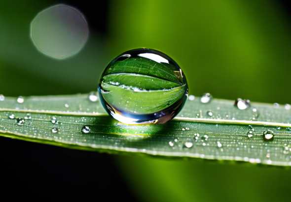 잎사귀 위에 맺힌 완벽한 구형 물방울이 주변 풍경을 비추며 표면 장력을 보여주는 모습이다.