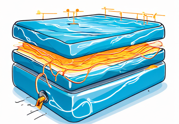 열선이 전류를 받아 매트리스 패드를 따뜻하게 만드는 구조를 단면도로 보여주는 모습이다.