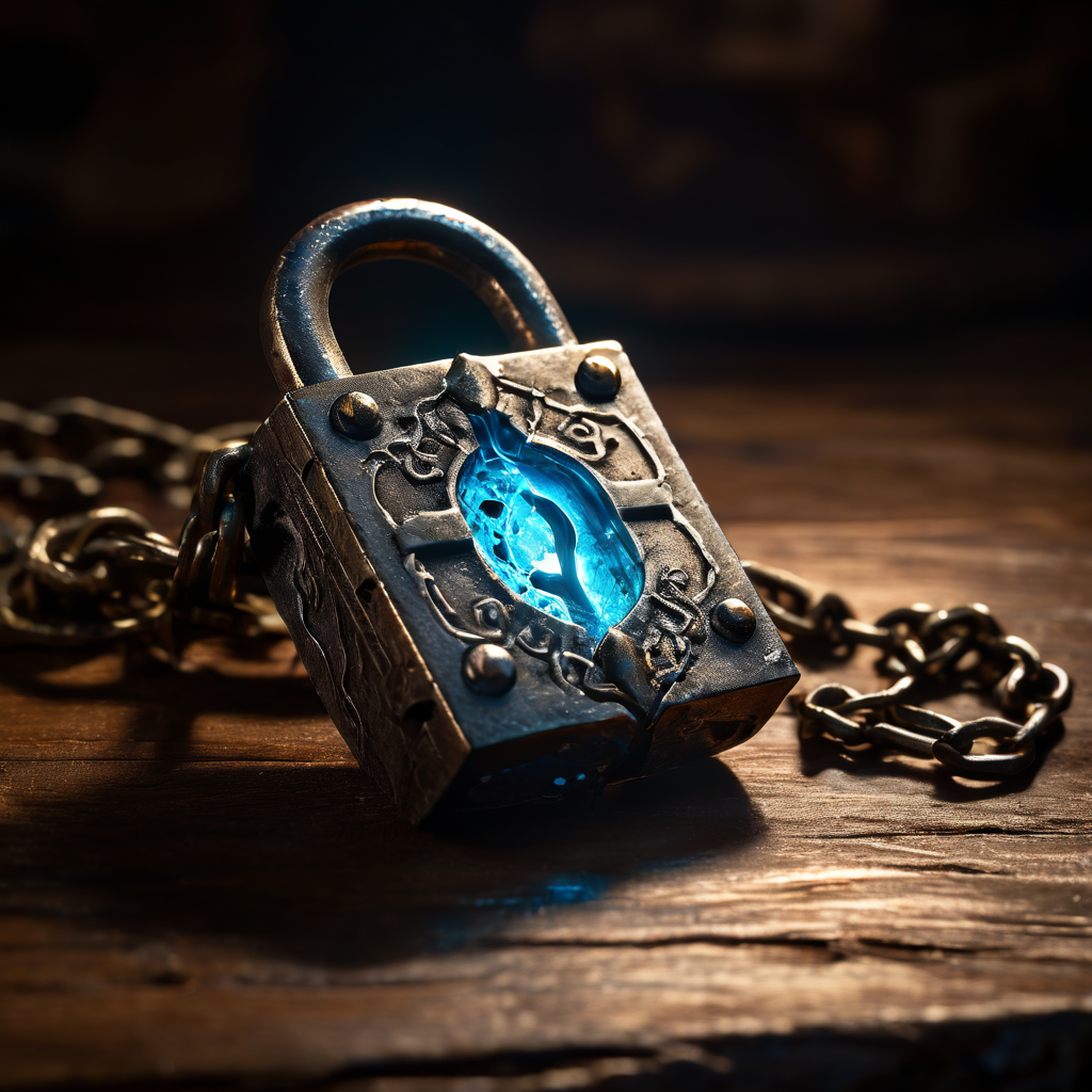 오래된 양피지 위에 놓인 튼튼한 고대 철 자물쇠가 단순한 열쇠구멍 주위로 은은한 파란 빛의 안전 기운을 띠고 있다.