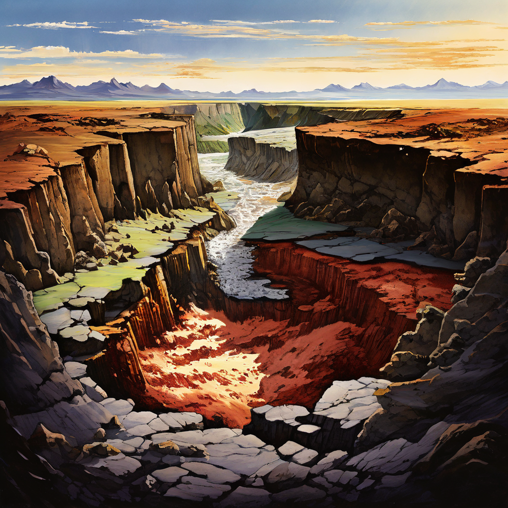 지구 지각의 단면에 마주친 거대한 판들이 울퉁불퉁한 단층선을 따라 강한 마찰과 압력을 만들어내는 모습이다.