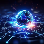 금속 표면에 빛 입자가 부딪히며 전자가 방출되는 모습을 빛나는 입자와 과학적 도표로 표현한 이미지입니다.