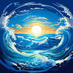 푸른 바다 위 태양빛을 받아 지구 자전에 의해 휘어지는 거대한 소용돌이 해류의 모습이다.