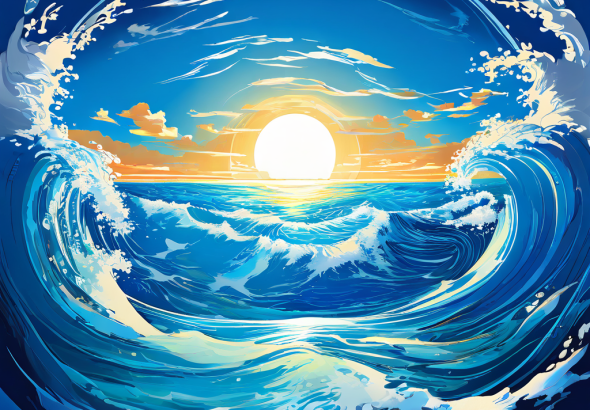 푸른 바다 위 태양빛을 받아 지구 자전에 의해 휘어지는 거대한 소용돌이 해류의 모습이다.