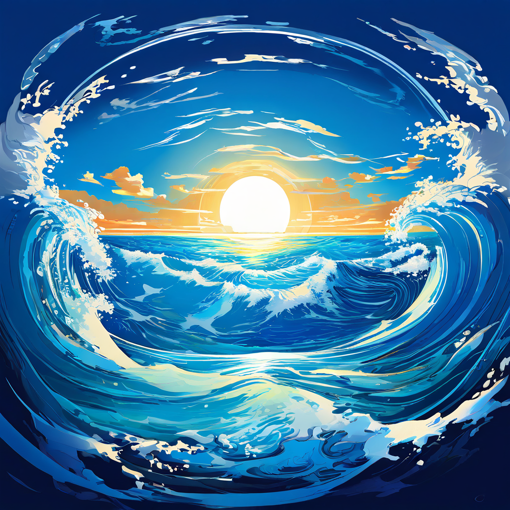 푸른 바다 위 태양빛을 받아 지구 자전에 의해 휘어지는 거대한 소용돌이 해류의 모습이다.