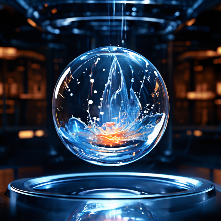 무중력 상태에서 은은하게 빛나는 물방울이 미래적 실험실에 떠 있으며 내부의 흐름이 선명하게 보인다.