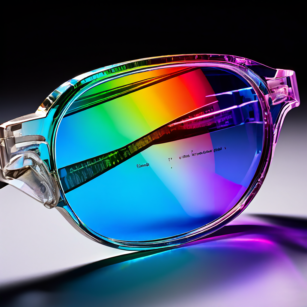 선글라스 렌즈의 단면을 보여주는 과학적 도식으로 다양한 활동에 맞게 렌즈 틴트가 특정 파장의 빛을 어떻게 필터링하는지 색상 스펙트럼 화살표로 설명합니다.