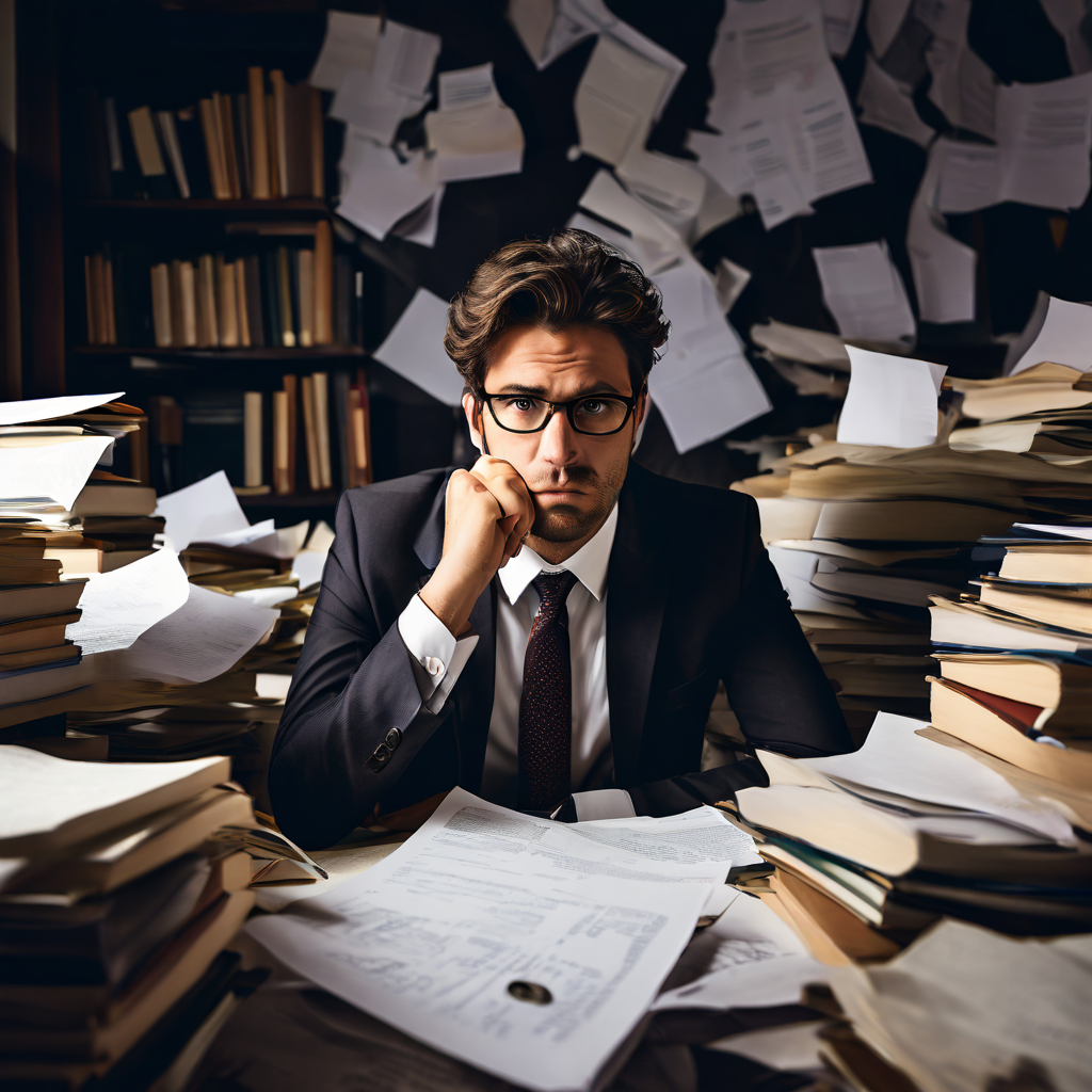 복잡한 사무실에서 법률 서류 더미를 검토하며 지루하고 집중하지 못하는 표정의 변호사가 업무에 지쳐 있는 모습을 보여줍니다.