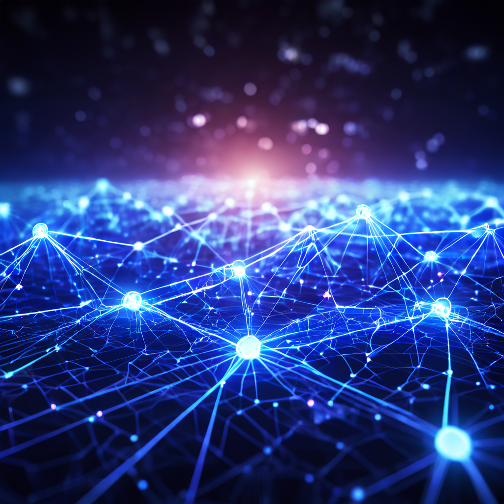 데이터 포인트들이 유기적으로 연결되어 견고한 네트워크를 형성하는 모습을 빛의 흐름과 기하학적 결합으로 시각화한 이미지입니다.