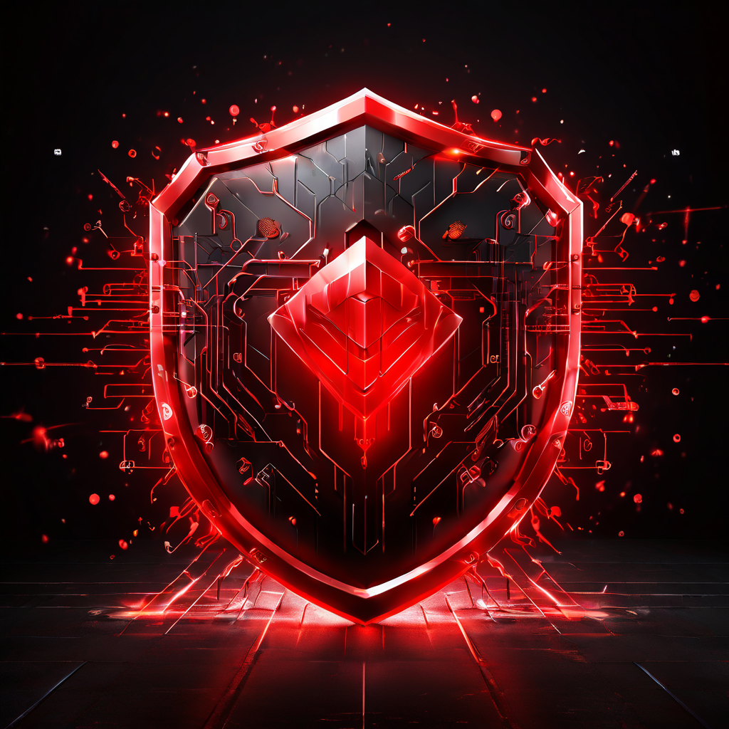 블록체인 네트워크를 보호하는 디지털 방패가 외부의 빨간색 위협 화살표를 튕겨내며 강력한 보안 시스템을 시각적으로 표현한 이미지입니다.