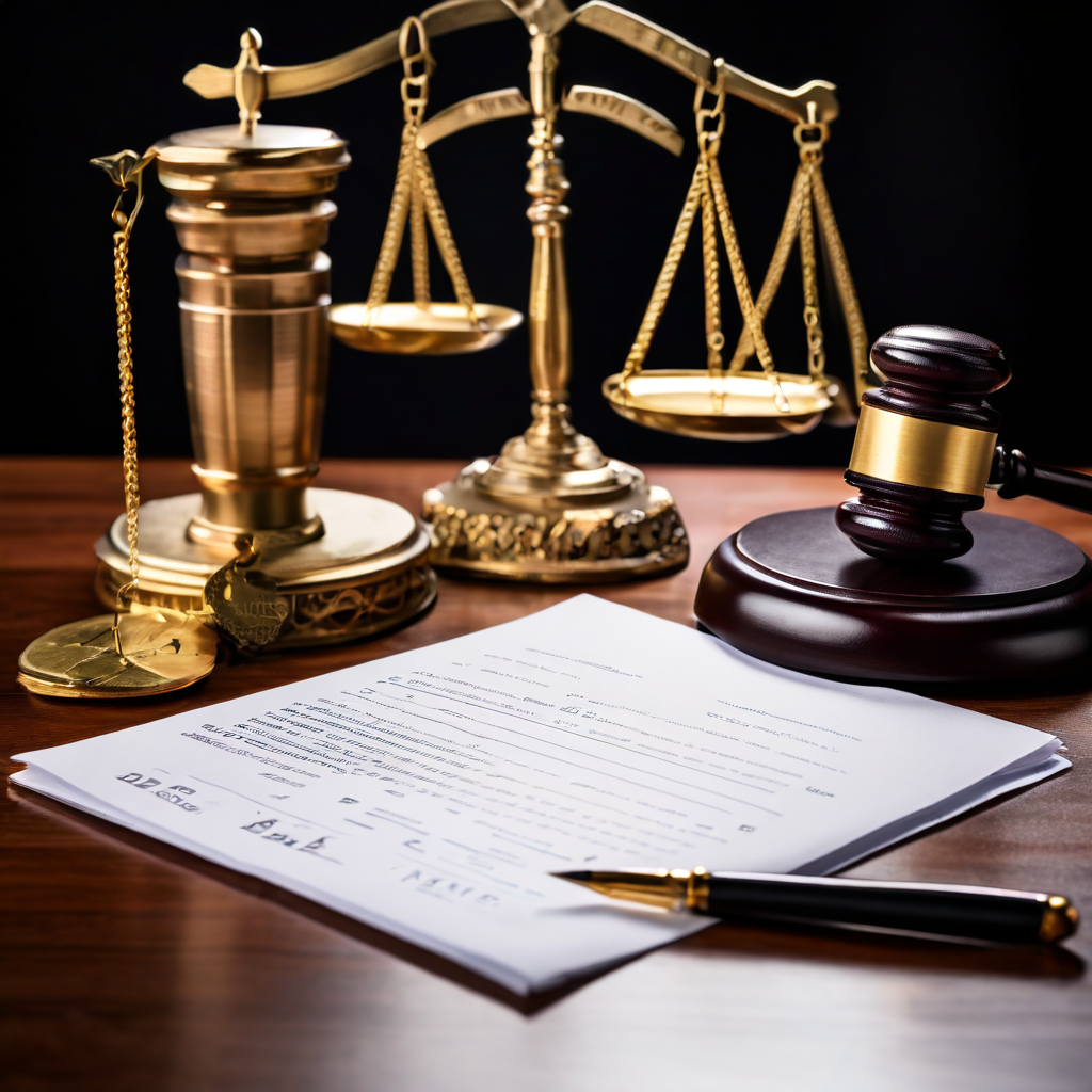 소송 이전 필수 단계인 내용증명 우편물과 법원의 소환장이 저울과 법봉 옆에 놓여 있으며, 문서에는 강제 집행을 의미하는 지급 명령 스탬프가 찍혀 있습니다.