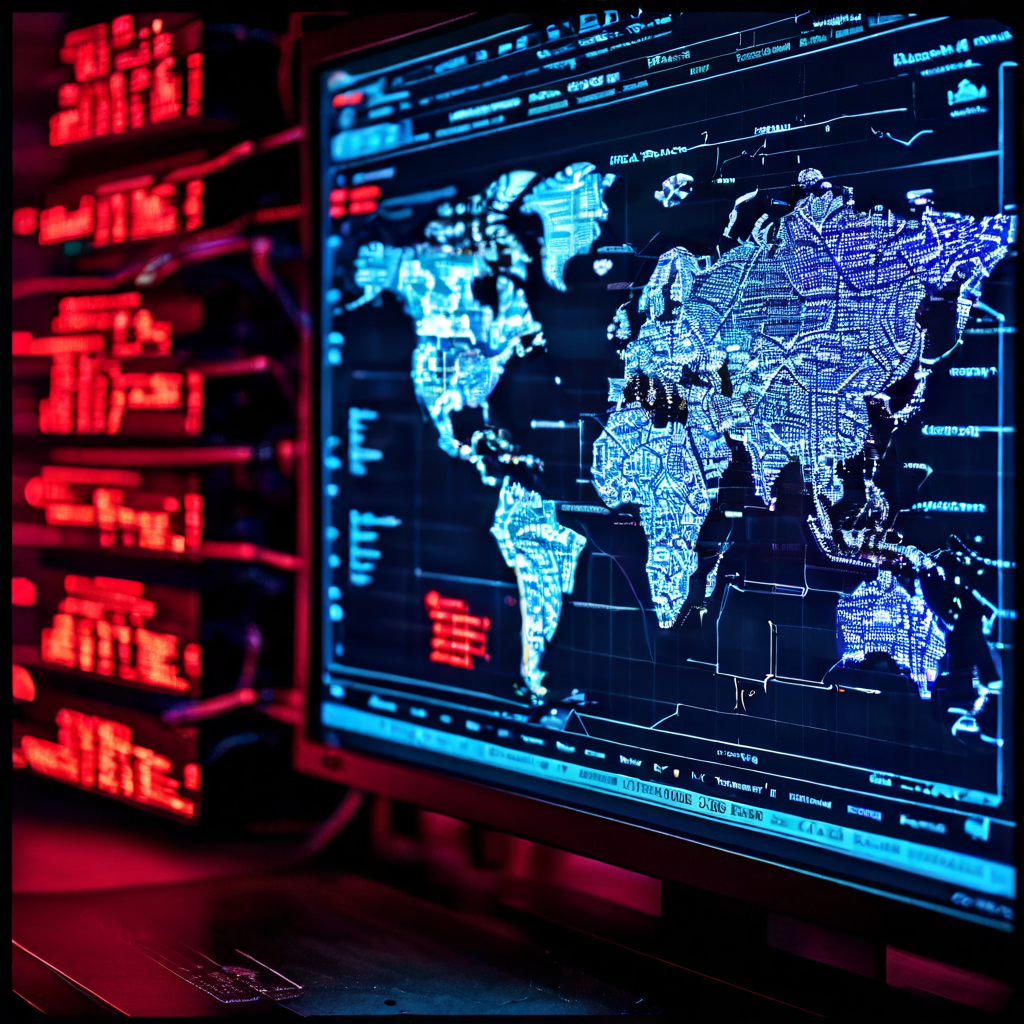 네트워크 맵에서 봇넷 공격이 강조 표시되고 시스템 오류 로그를 보여주는 별도의 창이 함께 표시된 사이버 보안 진단 화면을 묘사한 이미지입니다.