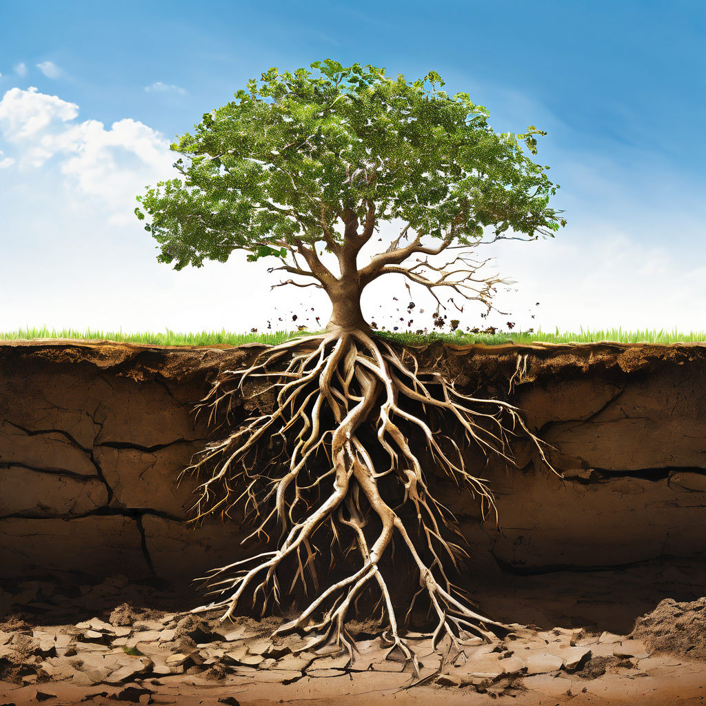 나무 뿌리가 이웃한 어린 나무를 목 졸라 숨통을 조여오는 과정을 세 단계로 나누어 보여주는 이미지로, 뿌리의 침범과 얽힘, 그리고 완전한 지배를 통해 식물 세계의 경쟁과 생존 투쟁을 상징적으로 묘사합니다.