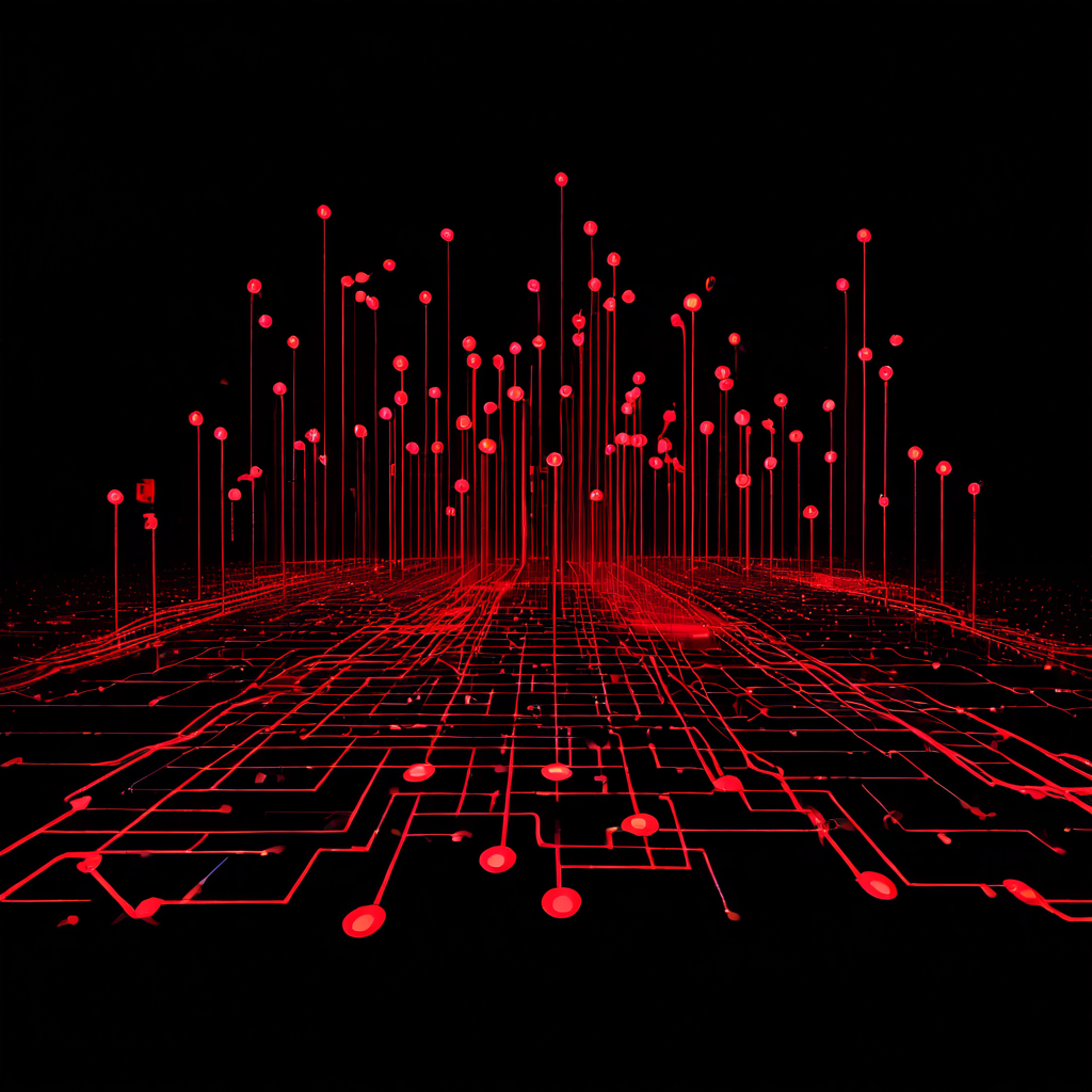 중앙 서버 노드를 향해 자동화된 봇들이 인공 트래픽 데이터 스트림을 생성하는 과정을 보여주는 디지털 네트워크 다이어그램으로, 빨간색 이상 징후가 시스템 내 위협 요소를 시각화합니다.