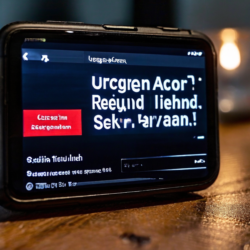 스마트폰 화면에 '긴급 조치 필요'와 '링크 클릭' 같은 문구가 적힌 의심스러운 문자 메시지를 큰 빨간색 경고 표시와 '사기'라는 단어가 강조되어 표시된 피싱 사기 경고 이미지입니다.